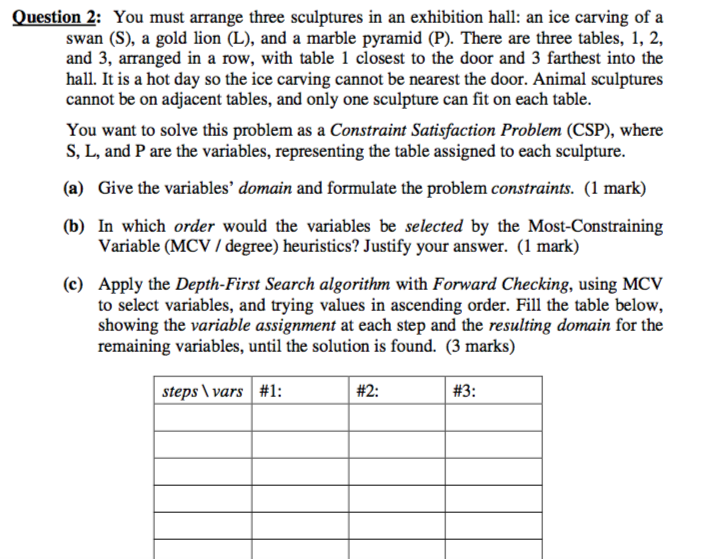 Question 2: You must arrange three sculptures in an exhibition hall: an ice carving of a swan (S), a gold lion (L), and a mar