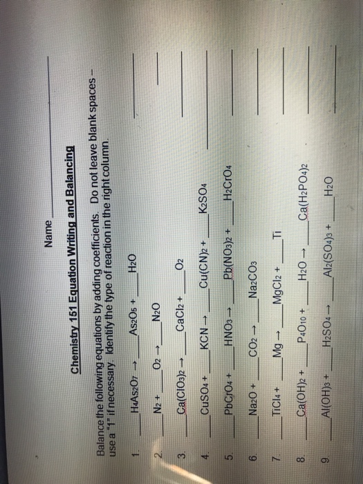 Solved Name Balance The Following Equations By Adding Coe