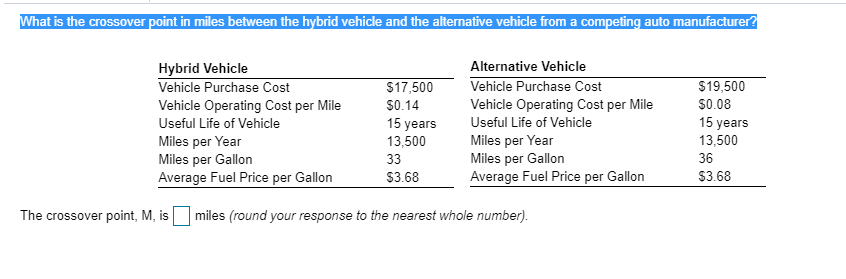 What is the t in miles between the hybrid vehicle and the alternative vehicle from a competing auto manufacturer Hybrid Vehic