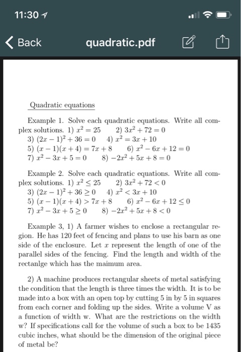 Solved 11 30 Back Quadratic Pdf ぴ Uadratic Equations Chegg Com