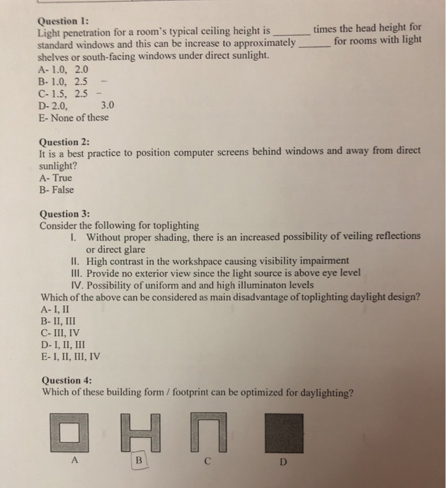 Solved Question 1 Light Penetration For A Room S Typical