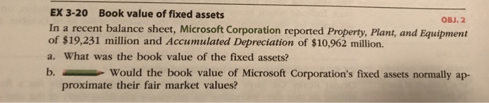 EX 3-20 Book value of fixed assets OBJ. 2 In a recent balance sheet, Microsoft Corporation reported Property, Plant, and Equipment of $19,231 million and Accumulated Depreciation of $10,962 million. a. What was the book value of the fixed assets? b.Would the book value of Microsoft Corporations fixed assets normally ap- proximate their fair market values?