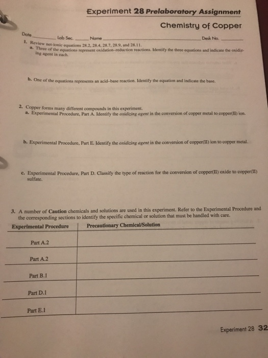 Experiment 28 Prelaboratory Assignment Chemistry Of Chegg 