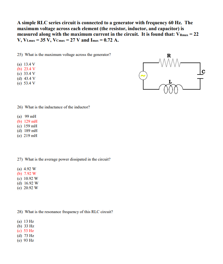 Solved A Simple Rlc Series Circuit Is Connected To A Gene Chegg Com