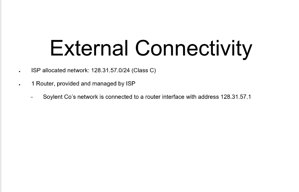 External Connectivity ISP allocated network: 128.31.57.0/24 (Class C) 1 Router, provided and managed by ISP Soylent Cos netw
