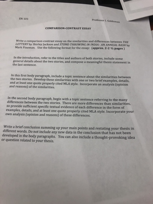 Example Of An English Essay En Professor I Goldsman Comparisoncontrast Essay Write A Comparisoncontrast Essay Sample Of Proposal Essay also Essay On English Teacher Compare And Contrast The Lottery By Shirley Jackso Cheggcom Essay Thesis Statement Example