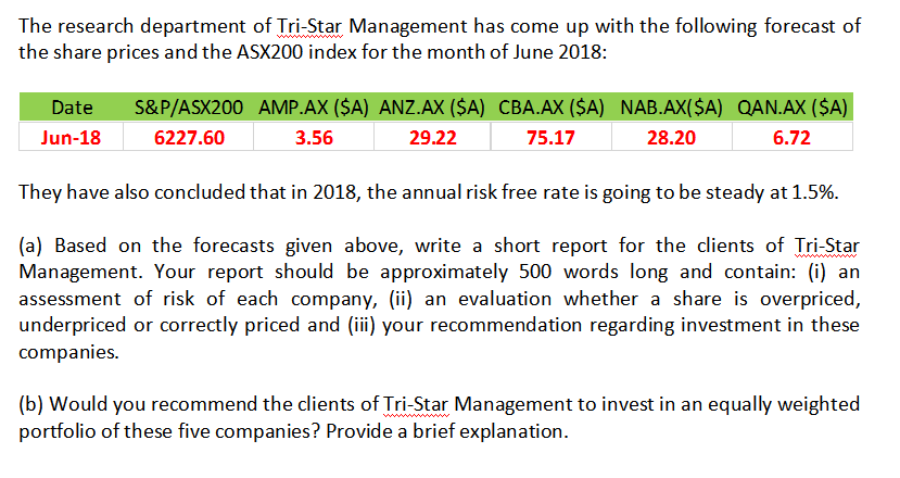 The research department of tri-star management has come up with the following forecast of the share prices and the asx200 ind