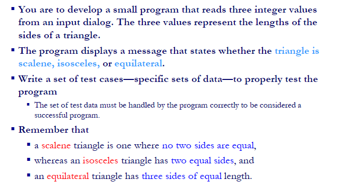 י You are to develop a small program that reads three integer values from an input dialog. The three values represent the len