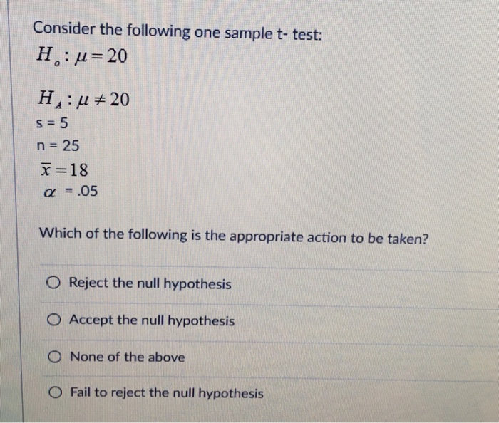 Solved Consider The Following One Sample T Test H 0 Mu Chegg Com