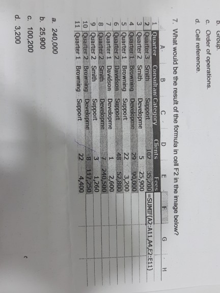 b. Group. C. Order of operations. d. Cell reference. 7. What would be the result of the formula in cell F2 in the image below? Quarter Consulta n Category Clients Fees Smith Support 102 35,200-SUMIFA2:A11,A4,E2:E11) 5 25,900 90,000 22 3.200 3 Quarter 2 SmithDevelopme 4 Quarter1 Browning 5 Quarter 1 Browning Support 6 Quarter 2 Davidson Support 7 Ouarter 1 Davidson Developme 8 Qua 9 Quarter 2 Smith Support 10 Quarter 2 Browning Developme 11|Quarter 1 Browning Support 1 2,600 7240,500 3 1,260 22 4,400 a. 240,000 b. 25,900 c. 100,200 d. 3,200