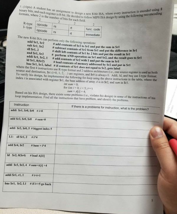 7. (1Opts) A student has an assignment to design a new 8-bit ISA ction is encoded using 8 binary bits, and each register is 8-bit. He decided to follow MIPS ISA design formats, where 2 is the number of bits for each field. R-type opcode s TS I- type opcode rs func. code immediate The new 8-bit ISA can perform only the following operations: add Srl,Sr2 sub Srl, Sr2 sll Sr1, 2 and Srl, Sr2 # perform AND operation on Srl and Sr2, and the result goes to Srl addi Sri, Sr2, 1 # add contents of 

<div class=