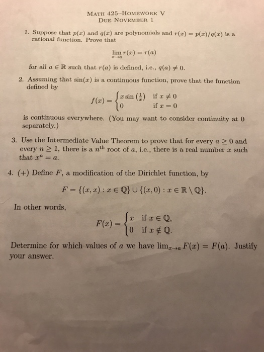 Solved Math 425 Homework V Due November 1 1 Suppose That