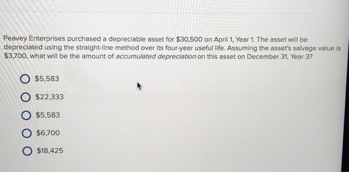 Peavey Enterprises purchased a depreciable asset for $30,500 on April 1, Year 1. The asset will be depreciated using the straight-line method over its four-year useful life. Assuming the assets salvage value is $3,700, what will be the amount of accumulated depreciation on this asset on December 31, Year 3? O $5,583 O $22,333 O $5,583 O $6.700 O $18,425