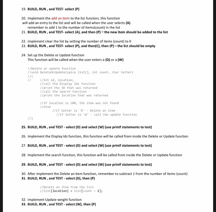 19. BUILD, RUN, and TEST- select (P) 20, Implement the add an item to the list function, this function will add an entry to t