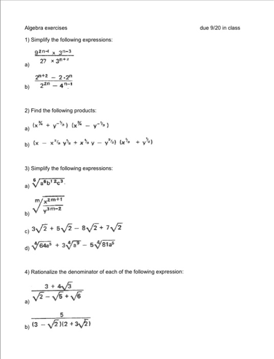 Algebra Exercises Due 9 In Class 1 Simplify The Chegg Com