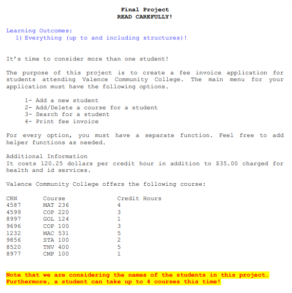 Final Project READ CAREFULLY! Learning Outcomes: 1) Everything (up to and including structures) ! Its time to consider more