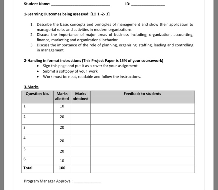 Student Name: ID 1-Learning Outcomes being assessed: [LO 1-2-3] 1. Describe the basic concepts and principles of management a