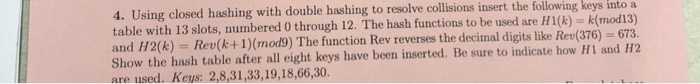 4. Using closed hashing with double hashing to resolve collisions insert the following keys into a table with 13 slots, numbe