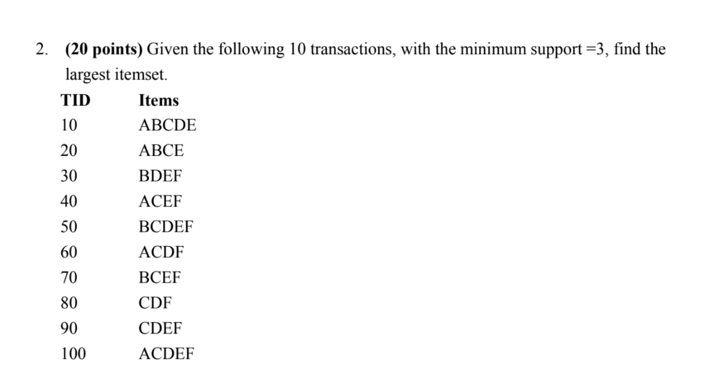 2. (20 points) Given the following 10 transactions, with the minimum support -3, find the largest itemset. TID 10 20 30 40 50 60 70 80 90 100 Items ABCDE ABCE BDEF ACEF BCDEF ACDF BCEF CDF CDEF ACDEF