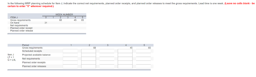 In the following MRP planning schedule for Item J, indicate the correct net requirements, planned order receipts, and planned order releases to meet the gross requirements. Lead time is one week. (Leave no cells blank be certain to enter O wherever required.) WEEK NUMBER ITEM J Gross requirements On hand Net requirements Planned order receipt Planned order release 68 45 65 31 Gross requirements Scheduled receipts Projected available balance 68 45 65 tem J LT=1 Q-L4L Net requirements Planned order receipts Planned order releases