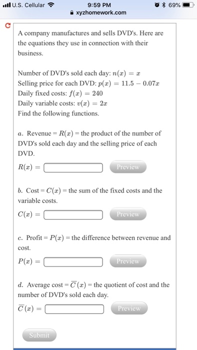 Solved 9 59 Pm A Xyzhomework Com L U S Cellular 69 A Chegg Com