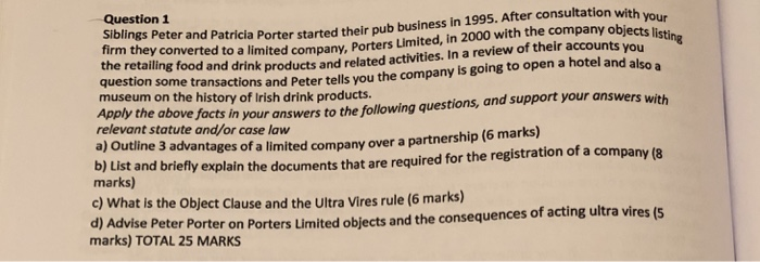 Question1 Siblings Peter and Patricia Porter started their pub firm they converted to a limited company, the retailing food and dr questio museum on the history of Irish drink products. business in 1995. After consultation with Porters Limited, in 2000 with the company obje ink products and related activities. In a review of their accounts n Some transactions and Peter tells you the company is going to open a hotel and also a Apply the above facts in your answers to the following questions, and support your answers with relevant statute and/or case 

<div class=