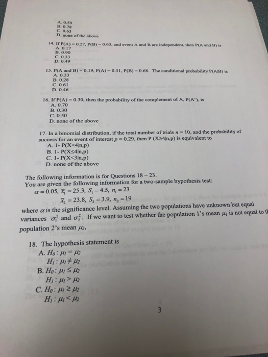 Solved A 0 59 B 0 78 C 0 63 D None Of The Above 14 I Chegg Com