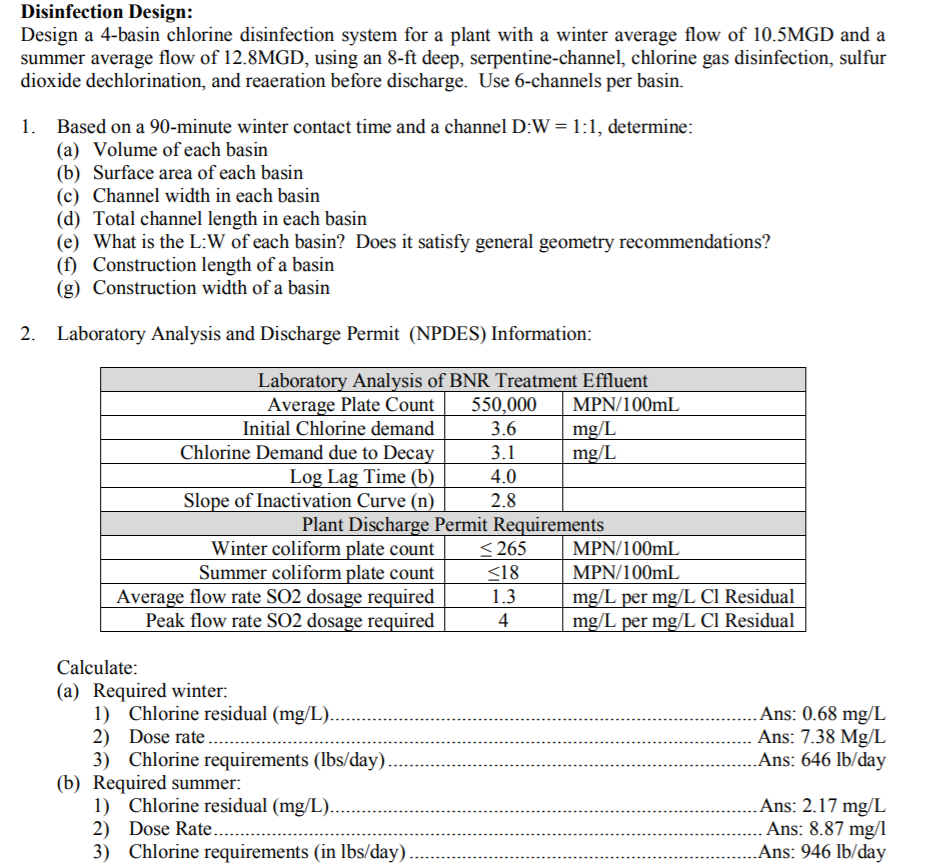 Disinfection Design Design A 4 Basin Chlorine Dis Chegg Com