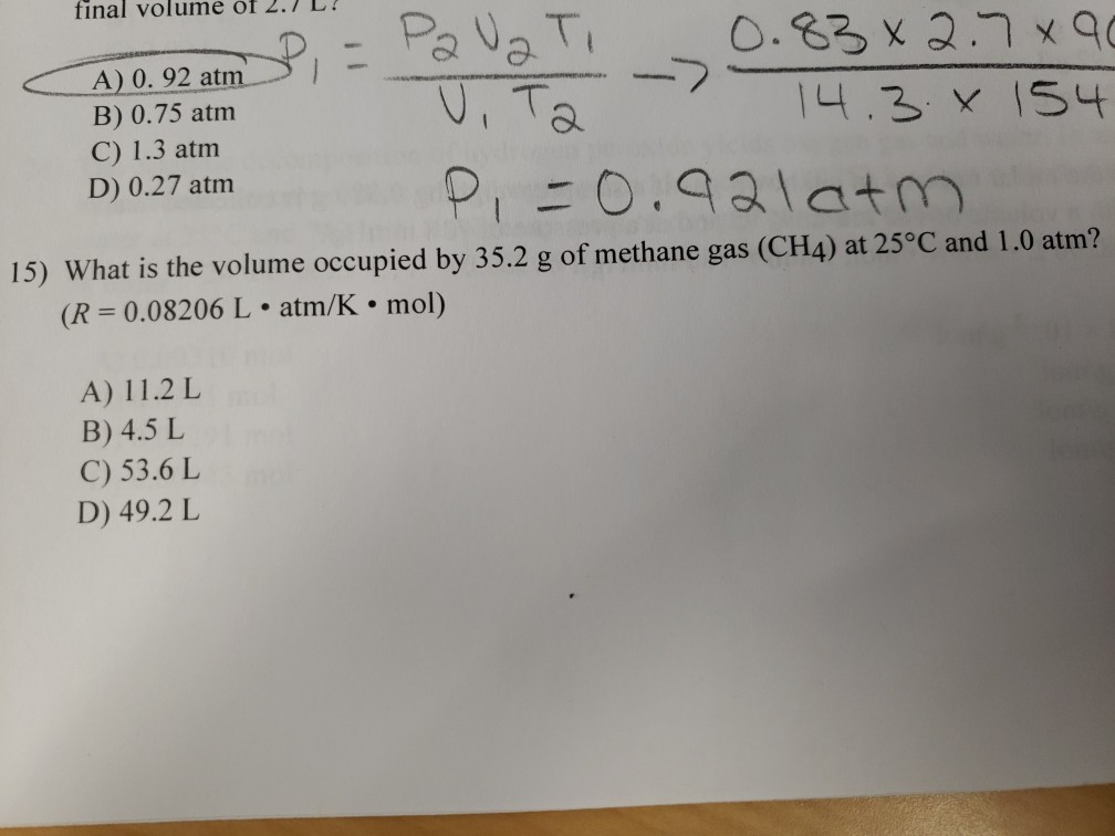 Solved Final Volume Of 2 7 L B 0 75 Atm C 1 3 Atm D 0 27 Chegg Com