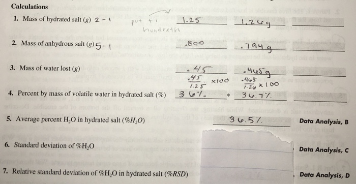 Solved Calculations 1 Mass Of Hydrated Salt G 2 1 Pt Chegg Com