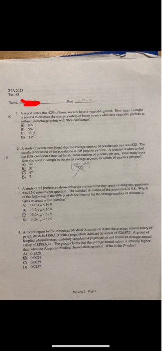 Solved Sta 2023 Test 3 Name Datc Is Ncoded So Estimate T