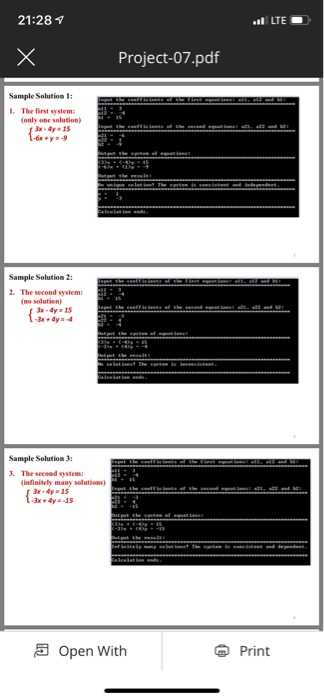 21:28 LTE Project-07.pdf Sample Solution 1: . The first system: (only one solution) Sample Solution 2 2. The second system: (