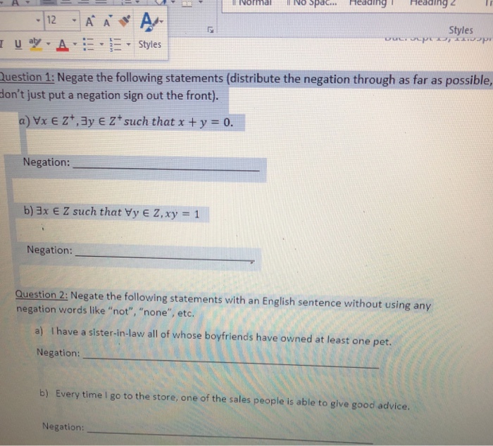 Solved Styles 1 Styles Question 1 Negate The Following Chegg Com