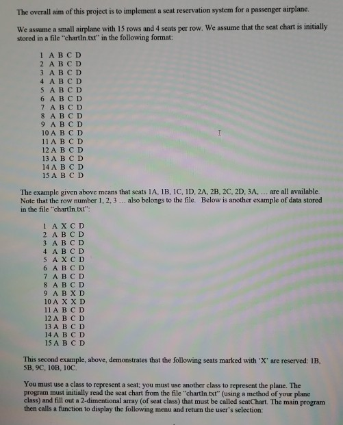 The overall aim of this project is to implement a seat reservation system for a passenger airplane We assume a small airplane