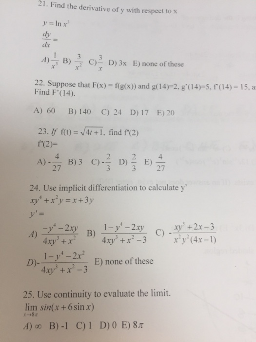 Find The Derivative Of Y With Respect To X Y Ln Chegg Com