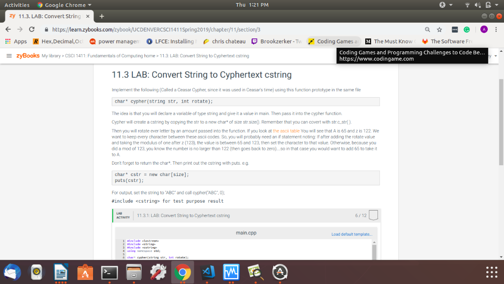 Thu 1:21 PM Activities Google Chrome zy 11.3. LAB: Convert String x С https:/leamzybooks.com/zybook/UCDENVERCSCI 1 4 11 Sprin