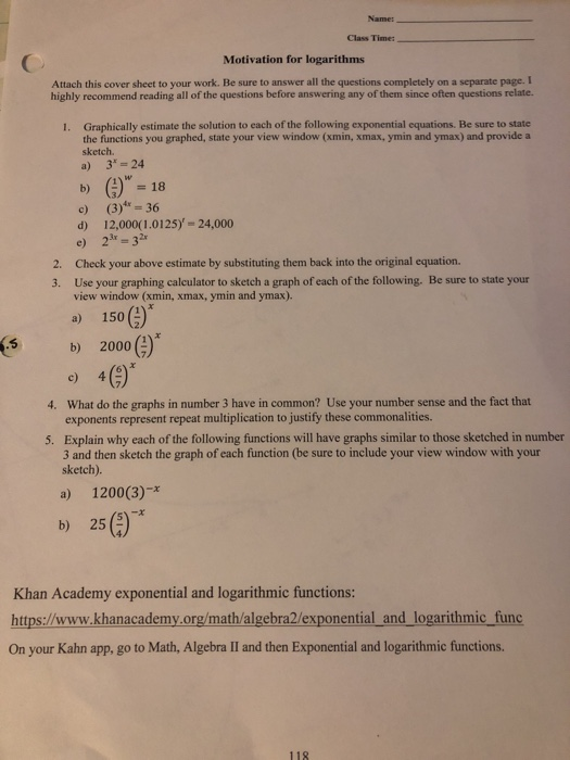 Solved Namer Class Time Motivation For Logarithms Attach