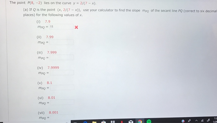 Solved The Point P 8 2 Lies On The Curve Y 2 7 X A If Chegg Com