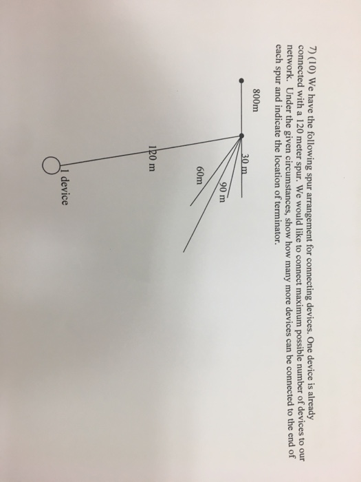 7) (10) We have the following spur arrangement for connecting devices. One device is already connected with a 120 meter spur. We would like to connect maximum possible number of devices to our network. Under the given circumstances, show how many more devices can be connected to the end of each spur and indicate the location of terminator. 800m 90 m 60m 120 m 1 device
