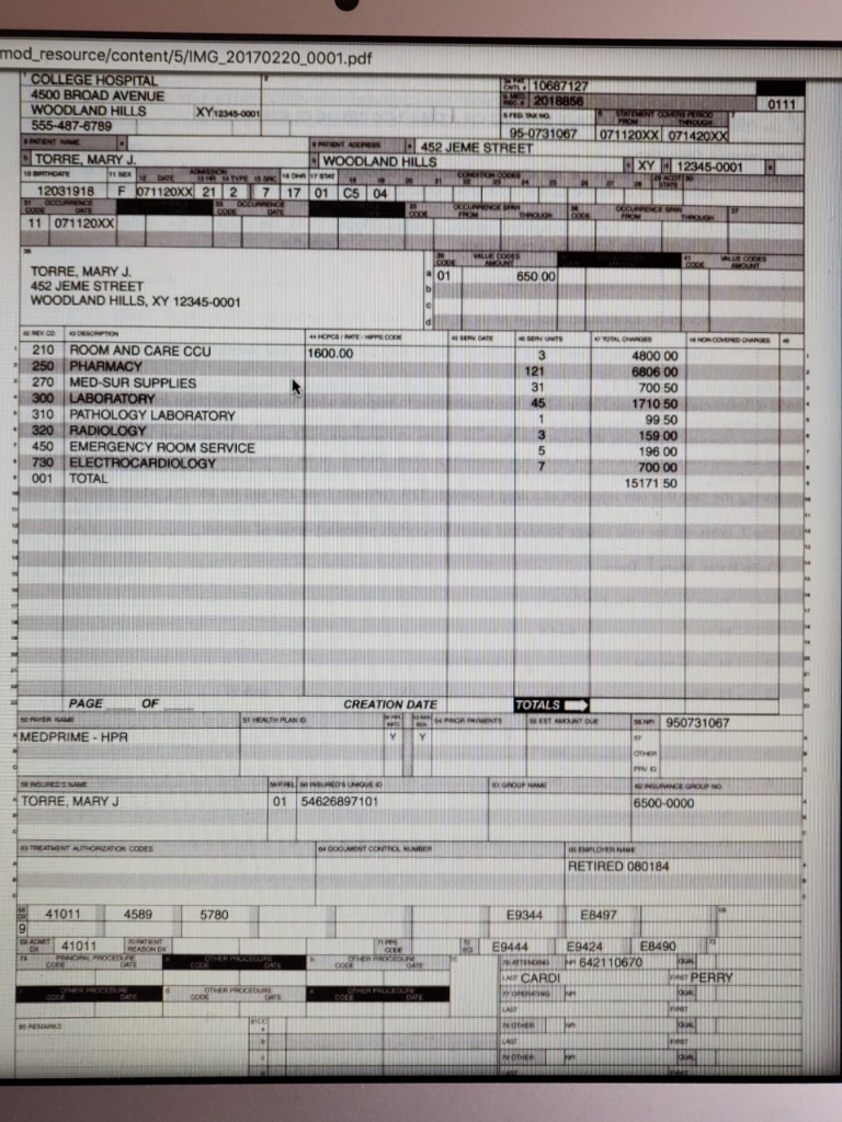 view the cms1450 form for mary torre posted check | chegg