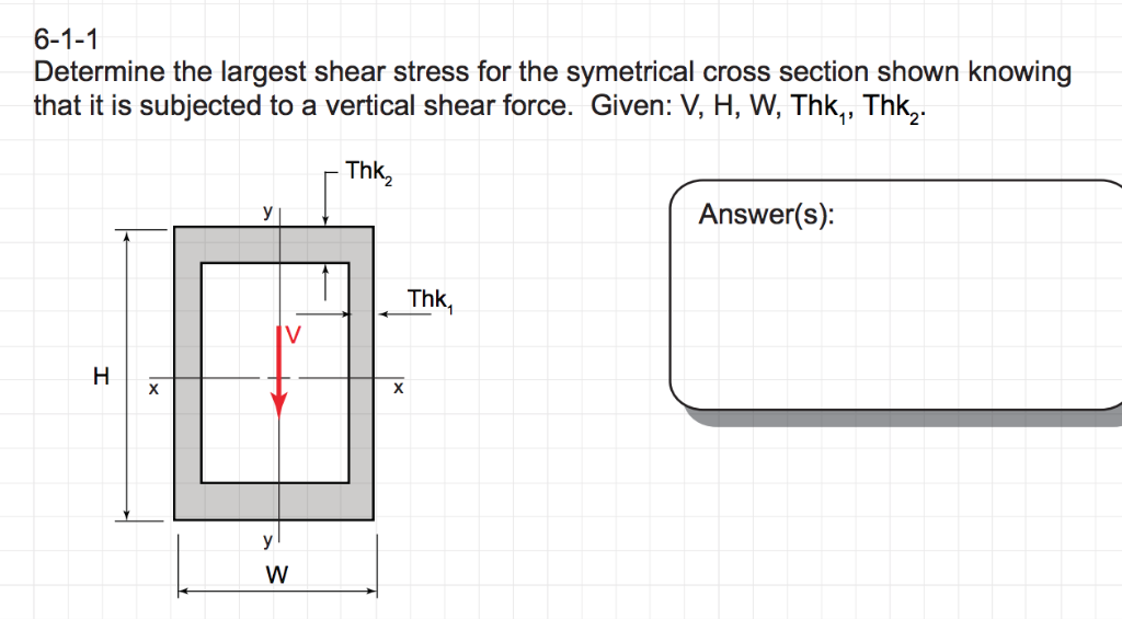 Determine the largest shear stress for the symetrical cross section shown knowing that it is subjected to a vertical shear fo