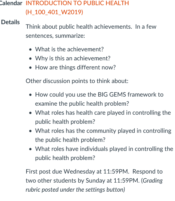 Alendar Introduction To Public Health H 100 401 W Chegg Com