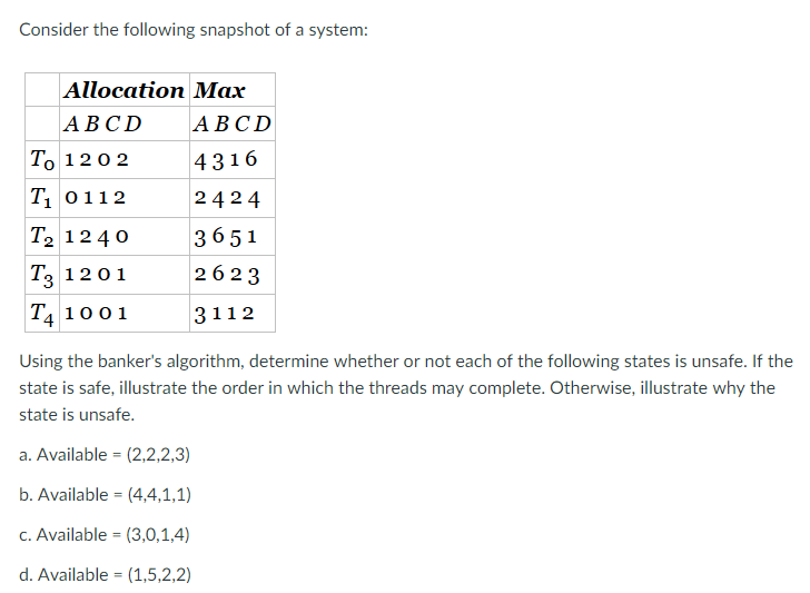 Solved Consider The Following Snapshot Of A System Alloca