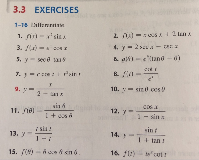 Solved 3 3 Exercises 1 16 Differentiate 1 F X X2 Sin X Chegg Com