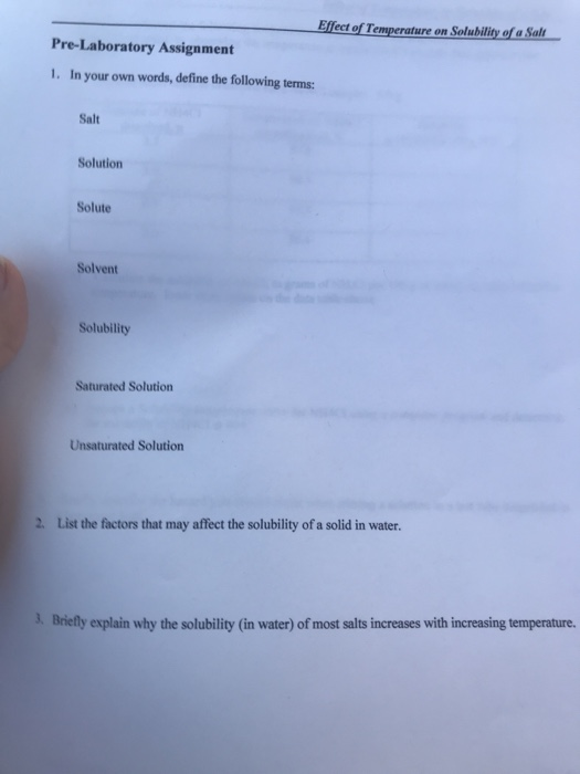 Solved: Efect Of Temperature On Solubility Of A Sals Pre-L... | Chegg.com