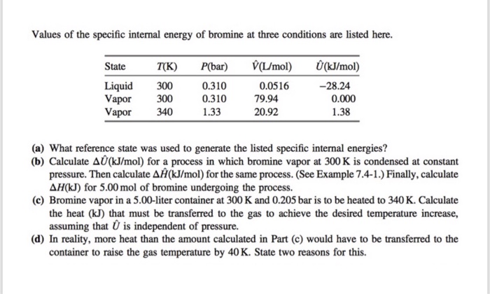 Solved Values Of The Specific Internal Energy Of Bromine Chegg Com