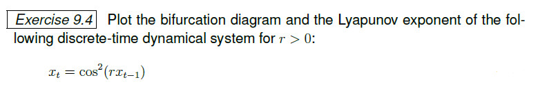Exercise 9.4 Plot the bifurcation diagram and the Lyapunov exponent of the fol- lowing discrete-time dynamical system for r 0: co(r-1)