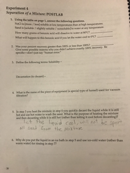 Solved Experiment 4 Separation Of A Mixture Postlab Using Chegg Com