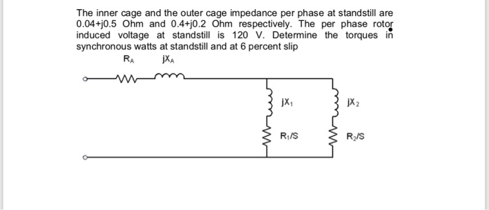 The inner cage and the outer cage impedance per phase at standstill are 0.04+j0.5 Ohm and 0.4+j0.2 Ohm respectively. The per phase rotor induced voltage at standstill is 120 V. Determine the torques in synchronous watts at standstill and at 6 percent slip jx2 Ri/S R2/S