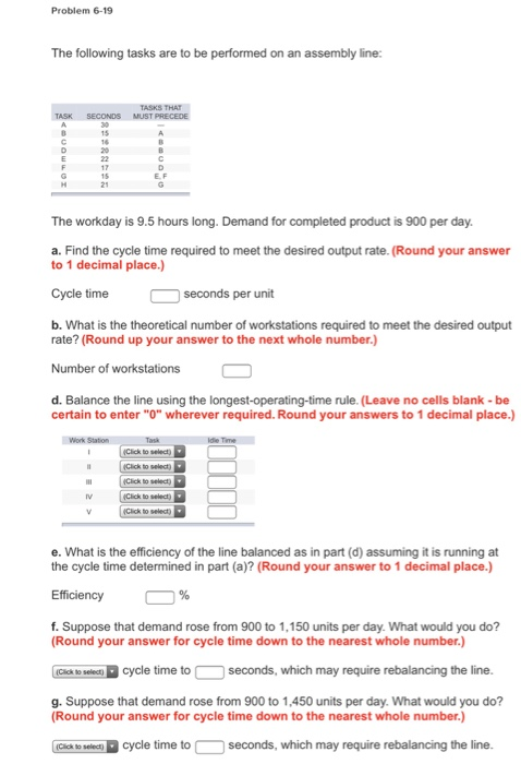 Problem 6-19 The following tasks are to be performed on an assembly line: TASKS THAT E. F 21 The workday is 9.5 hours long. Demand for completed product is 900 per day. a. Find the cycle time required to meet the desired output rate. (Round your answer to 1 decimal place.) timeseconds per unit b. What is the theoretical number of workstations required to meet the desired output rate? (Round up your answer to the next whole number.) Number of workstations d. Balance the line using the longest-operating-time rule. (Leave no cells blank-be certain to enter O wherever 

<div class=